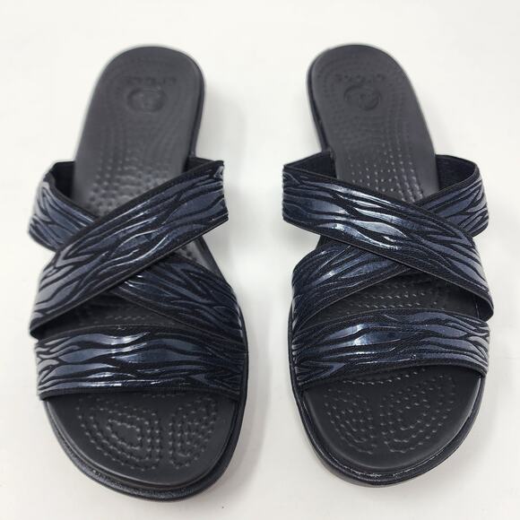 Crocs Sandals Women 8 Molalla II Black Rubber Animal Print Criss Cross Wedge - Picture 3 of 10